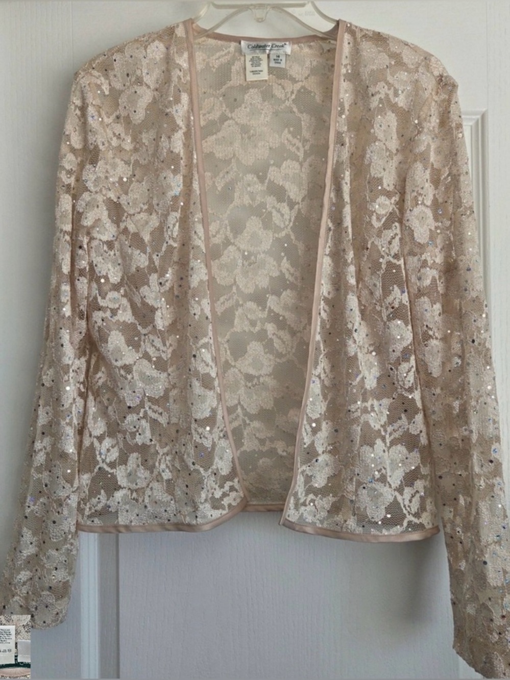 Coldwater Creek Womens Lace Sequins Open Front Cardigan Jacket Cream Size 14